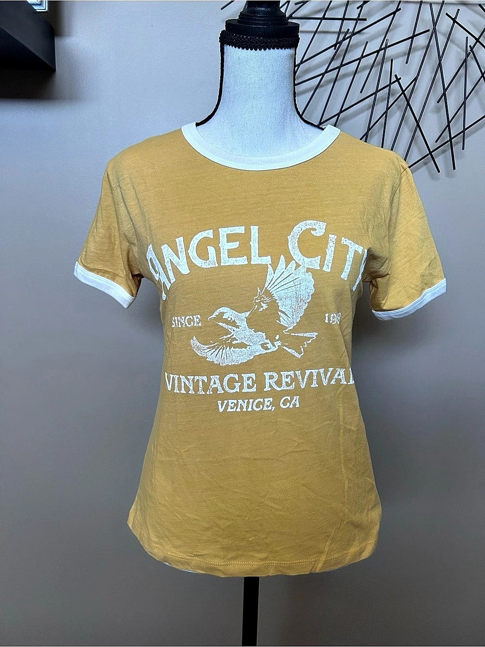NWOT Letlov Yellow Angel City Ringer T-Shirt Sz S